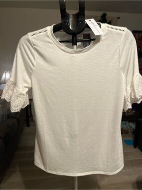 NY Collection White Short-Sleeve Top with Lace Eyelet Sleeves